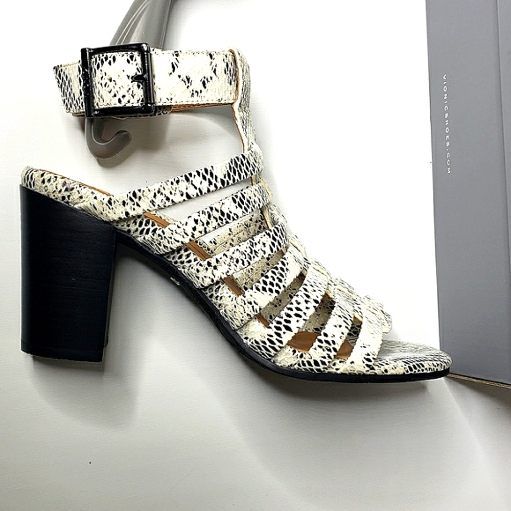 Vionic Sami Sandal Snakeskin Leather Strappy Stacked Heel Coushioned Gladiator